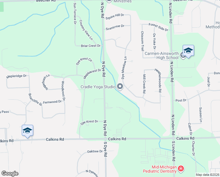 map of restaurants, bars, coffee shops, grocery stores, and more near 1172 North Dye Road in Flint