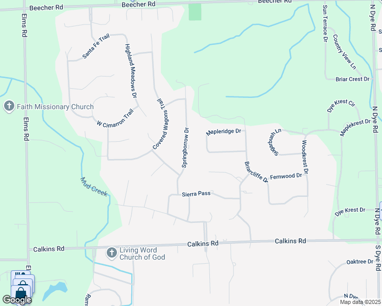 map of restaurants, bars, coffee shops, grocery stores, and more near 1196 Springborrow Drive in Flint
