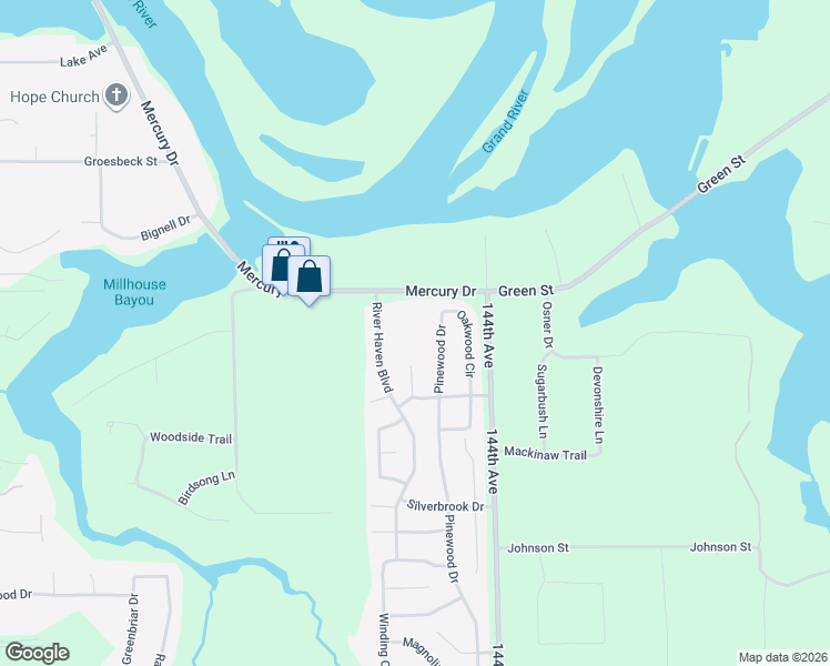 map of restaurants, bars, coffee shops, grocery stores, and more near 13869 Pinewood Drive in Grand Haven