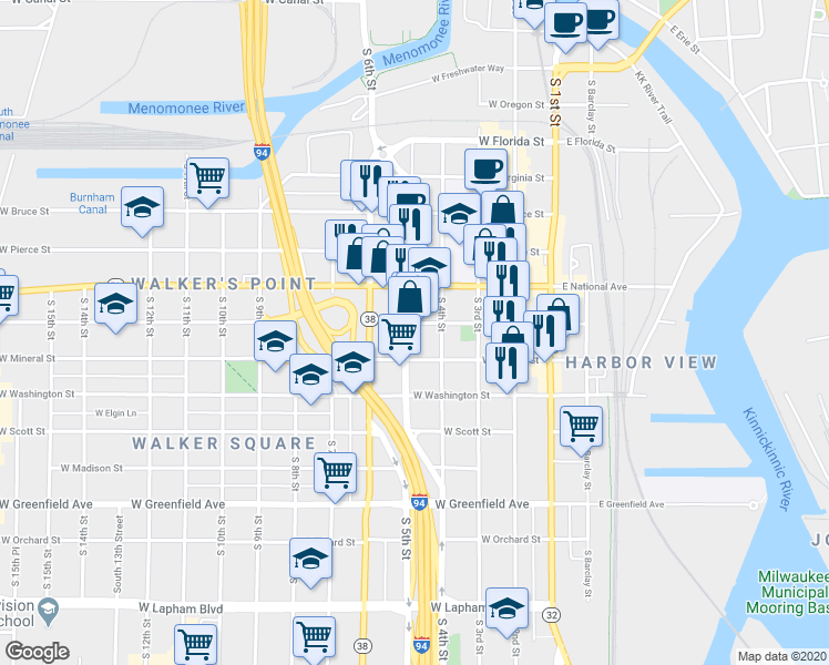 map of restaurants, bars, coffee shops, grocery stores, and more near 924 South 5th Street in Milwaukee