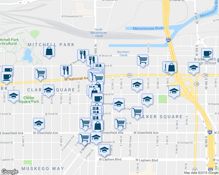 map of restaurants, bars, coffee shops, grocery stores, and more near 1530-1532 West Mineral Street in Milwaukee
