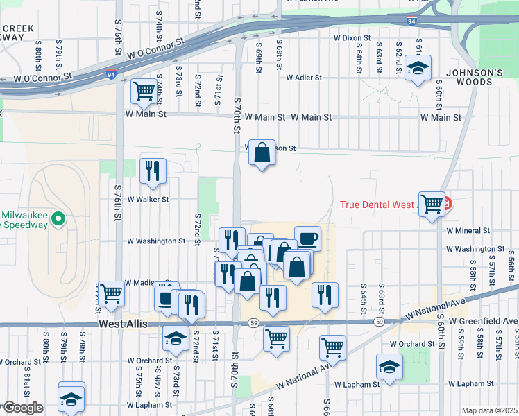 map of restaurants, bars, coffee shops, grocery stores, and more near 1040 South 70th Street in West Allis