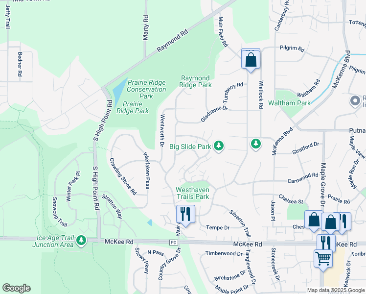 map of restaurants, bars, coffee shops, grocery stores, and more near 7345 Santa Fe Trail in Madison