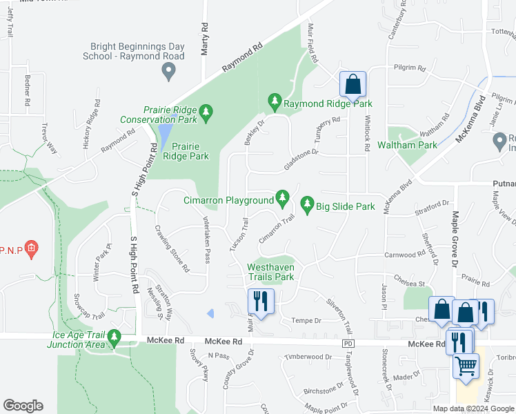 map of restaurants, bars, coffee shops, grocery stores, and more near 7350 Santa Fe Trail in Madison