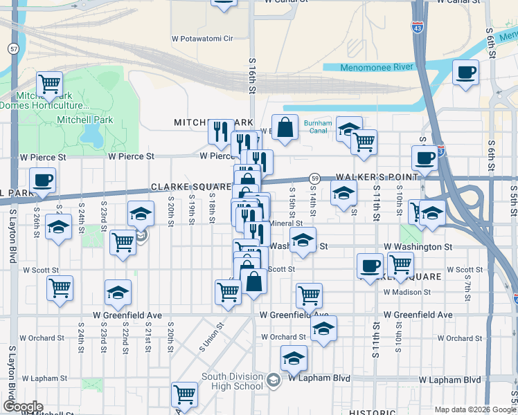 map of restaurants, bars, coffee shops, grocery stores, and more near 916 South Cesar E Chavez Drive in Milwaukee