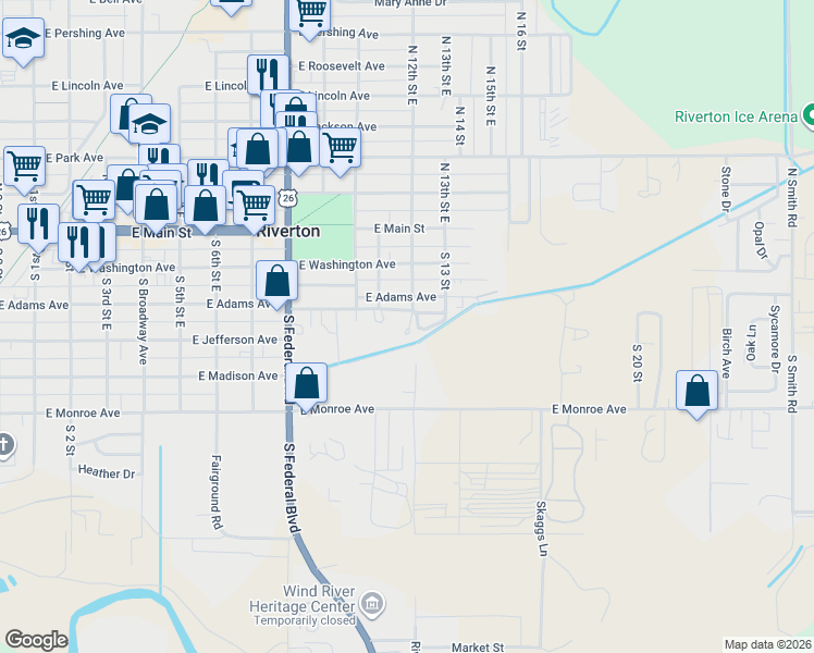 map of restaurants, bars, coffee shops, grocery stores, and more near 1015 East Adams Avenue in Riverton