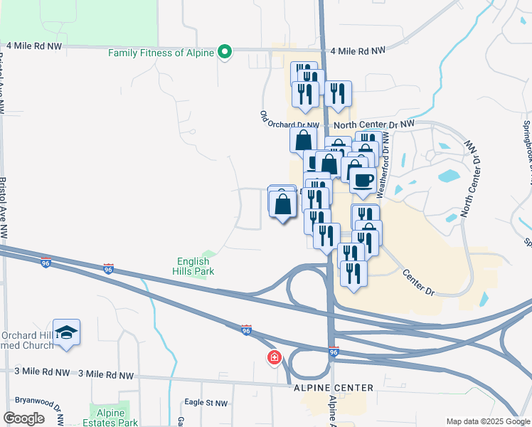 map of restaurants, bars, coffee shops, grocery stores, and more near 3214 Abington Drive Northwest in Grand Rapids