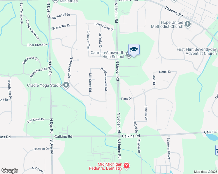 map of restaurants, bars, coffee shops, grocery stores, and more near 1181 Heatherwoode Court in Flint