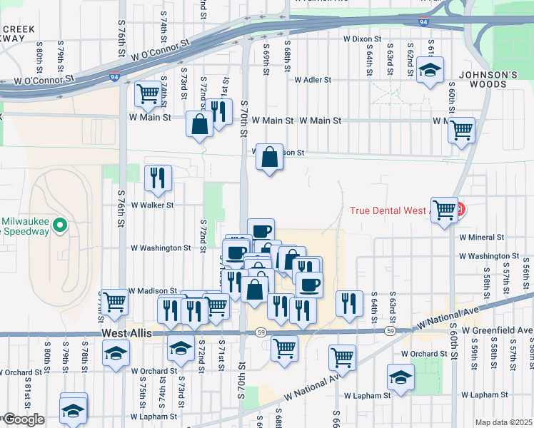 map of restaurants, bars, coffee shops, grocery stores, and more near 922 South 70th Street in Milwaukee