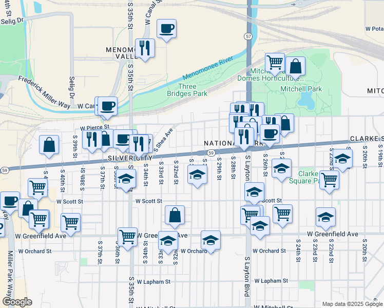 map of restaurants, bars, coffee shops, grocery stores, and more near W National Ave & S 31st St in Milwaukee