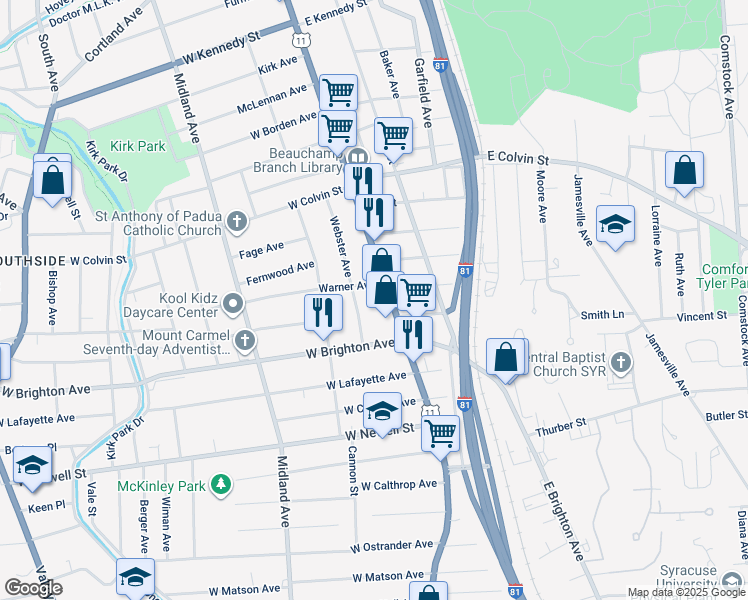 map of restaurants, bars, coffee shops, grocery stores, and more near 339 Webster Avenue in Syracuse