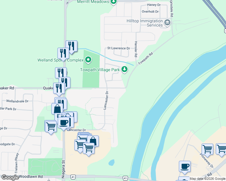 map of restaurants, bars, coffee shops, grocery stores, and more near 6 Madison Court East in Welland