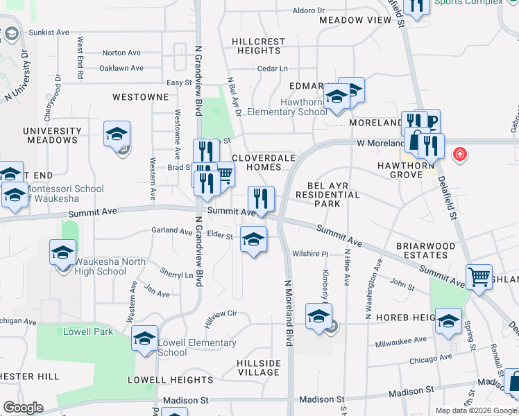map of restaurants, bars, coffee shops, grocery stores, and more near 1412 Summit Avenue in Waukesha