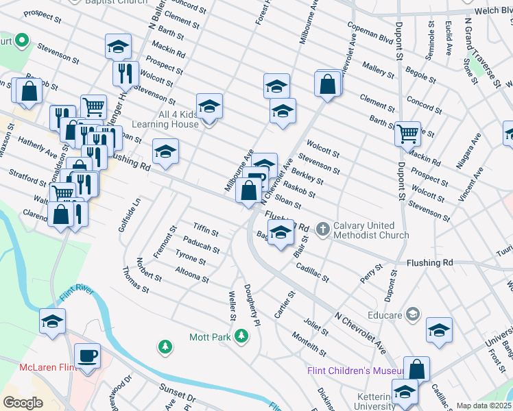 map of restaurants, bars, coffee shops, grocery stores, and more near 1107 North Chevrolet Avenue in Flint