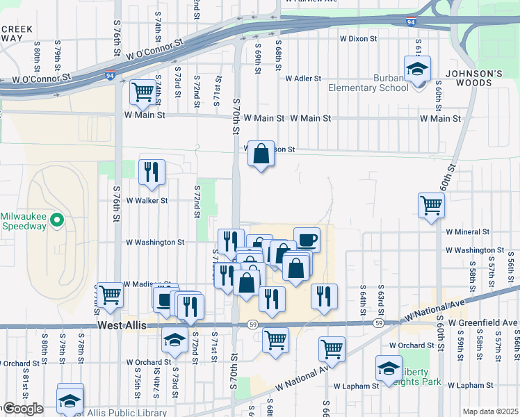 map of restaurants, bars, coffee shops, grocery stores, and more near 922 South 70th Street in Milwaukee