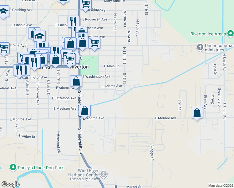 map of restaurants, bars, coffee shops, grocery stores, and more near 325 South 12th Street East in Riverton
