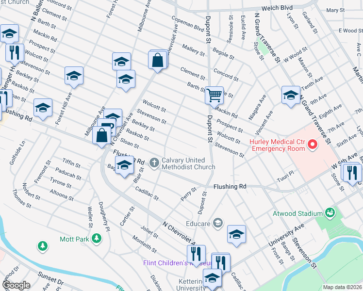 map of restaurants, bars, coffee shops, grocery stores, and more near 1916 Raskob Street in Flint