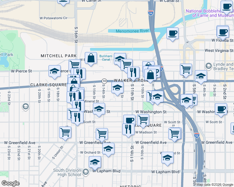 map of restaurants, bars, coffee shops, grocery stores, and more near 1219 West Walker Street in Milwaukee