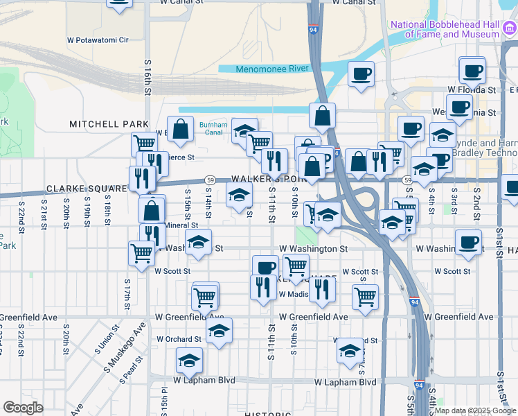 map of restaurants, bars, coffee shops, grocery stores, and more near 1125 West Walker Street in Milwaukee