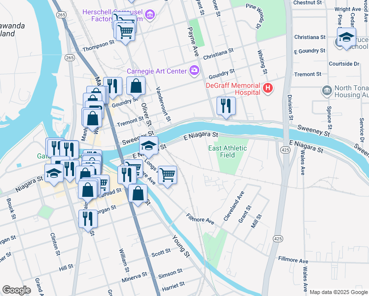 map of restaurants, bars, coffee shops, grocery stores, and more near 156 East Niagara Street in Tonawanda