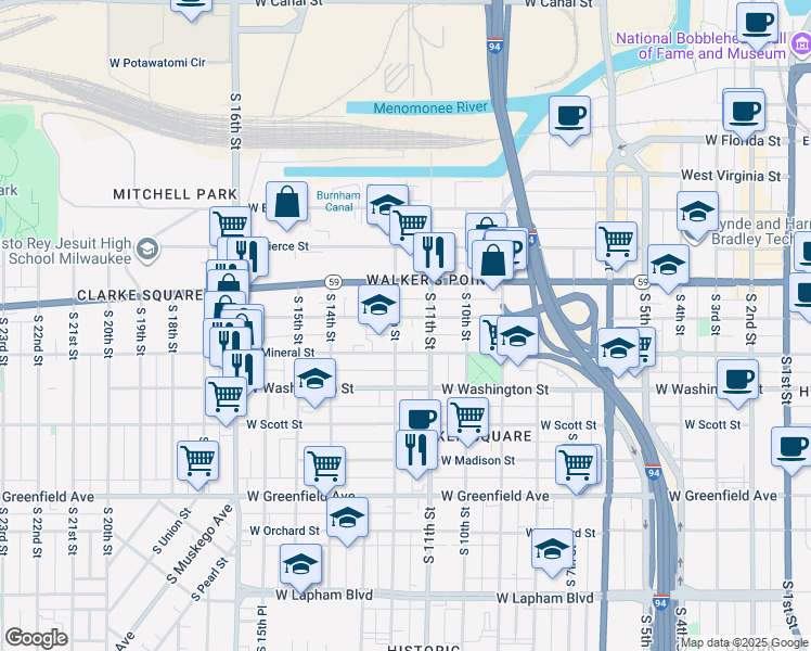 map of restaurants, bars, coffee shops, grocery stores, and more near 1129 West Walker Street in Milwaukee