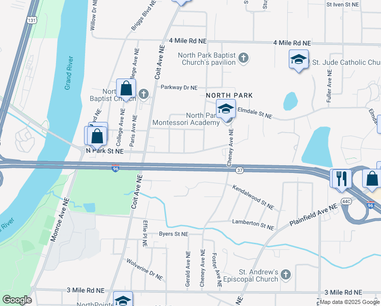map of restaurants, bars, coffee shops, grocery stores, and more near 755 North Park Street Northeast in Grand Rapids