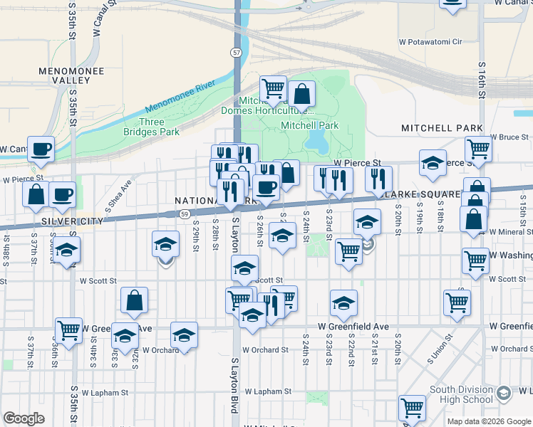 map of restaurants, bars, coffee shops, grocery stores, and more near 911 South 26th Street in Milwaukee