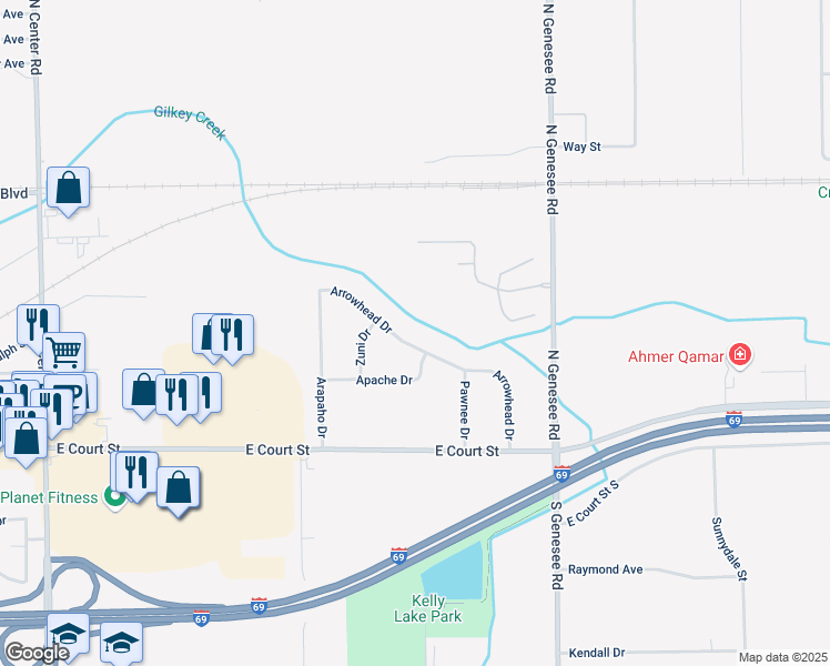 map of restaurants, bars, coffee shops, grocery stores, and more near 1180 Arrowhead Drive in Burton