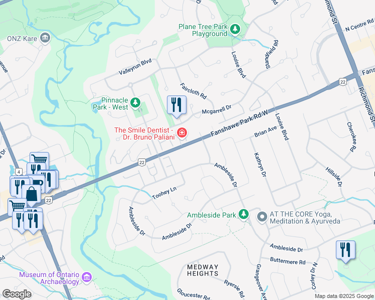 map of restaurants, bars, coffee shops, grocery stores, and more near 320 Ambleside Drive in London