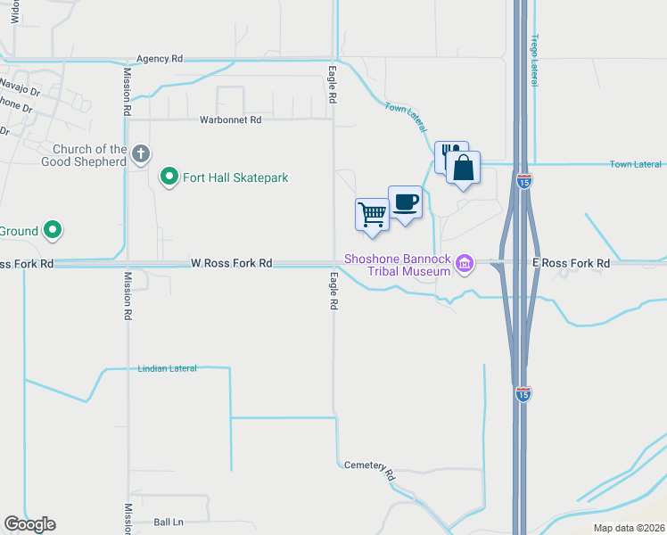 map of restaurants, bars, coffee shops, grocery stores, and more near 2 Eagle Road in Fort Hall