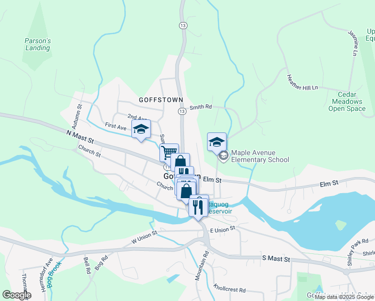 map of restaurants, bars, coffee shops, grocery stores, and more near 12 High Street in Goffstown
