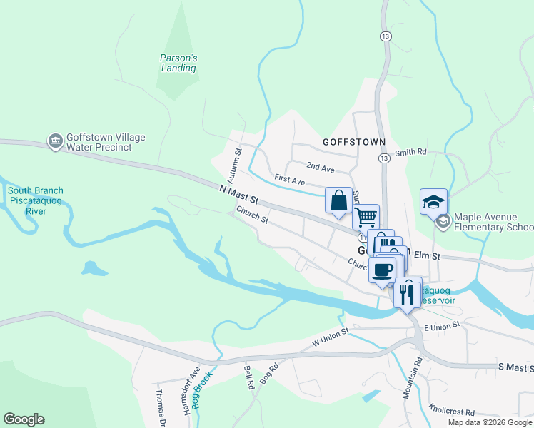 map of restaurants, bars, coffee shops, grocery stores, and more near 59 Church Street in Goffstown