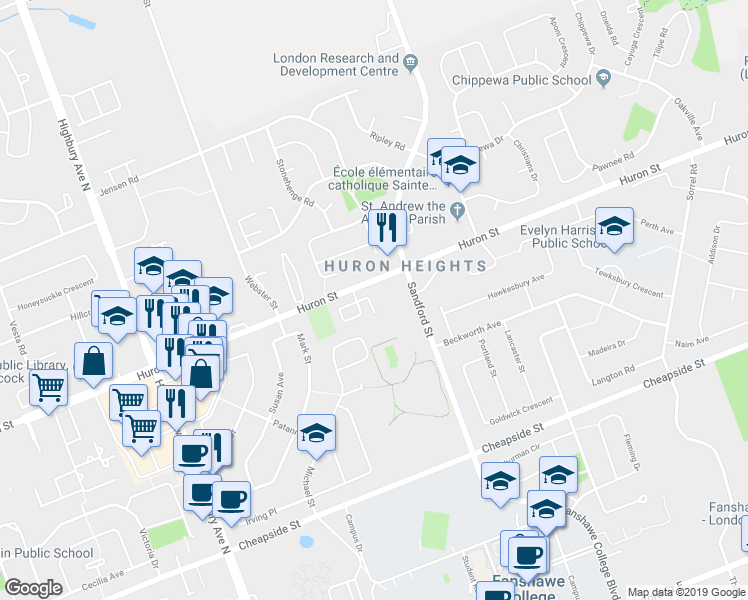 map of restaurants, bars, coffee shops, grocery stores, and more near 1235 Sandford Street in London