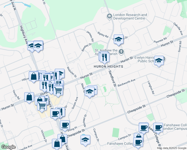 map of restaurants, bars, coffee shops, grocery stores, and more near 1443 Huron Street in London