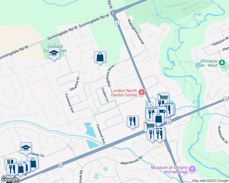 map of restaurants, bars, coffee shops, grocery stores, and more near 1103 Eagletrace Drive in London