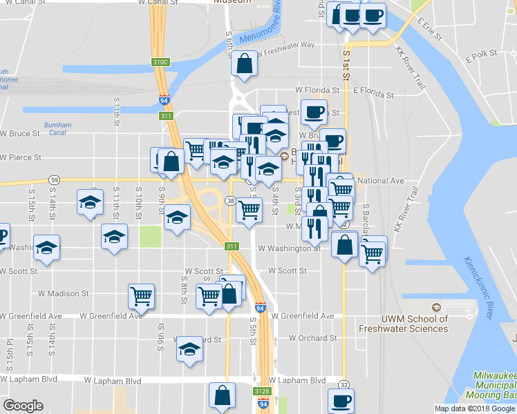 map of restaurants, bars, coffee shops, grocery stores, and more near 924 South 5th Street in Milwaukee
