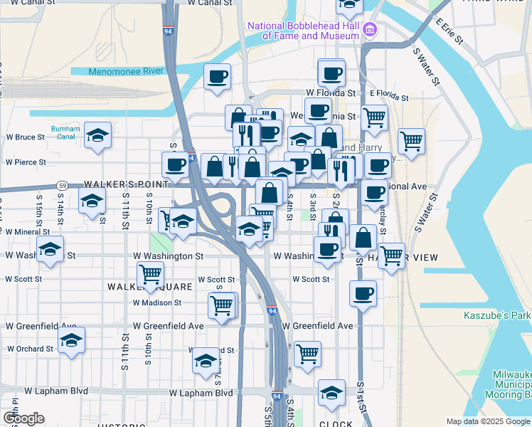 map of restaurants, bars, coffee shops, grocery stores, and more near 924 South 5th Street in Milwaukee