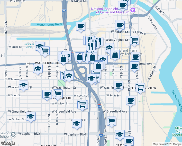 map of restaurants, bars, coffee shops, grocery stores, and more near 935 South 5th Street in Milwaukee