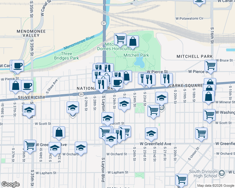 map of restaurants, bars, coffee shops, grocery stores, and more near 911 South 26th Street in Milwaukee