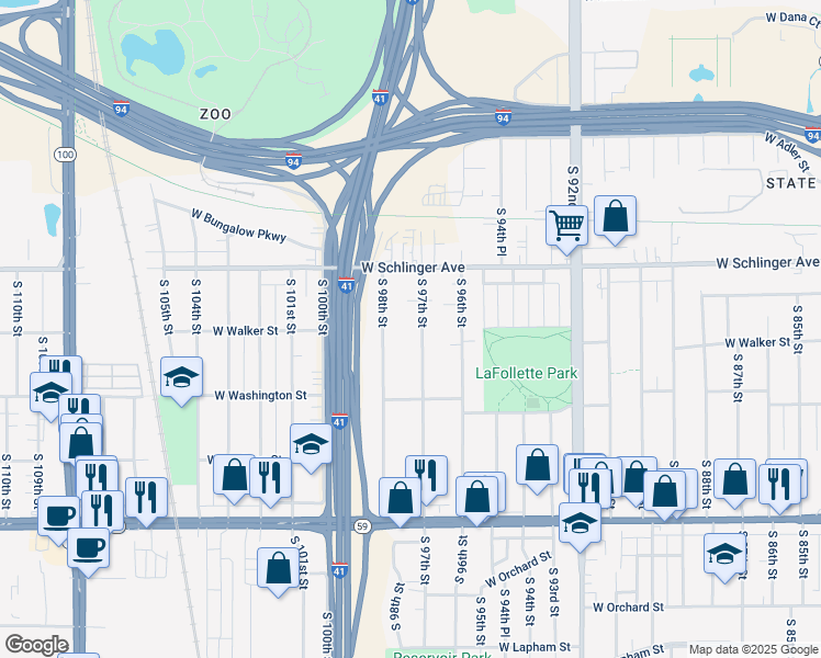 map of restaurants, bars, coffee shops, grocery stores, and more near 921 South 97th Street in West Allis