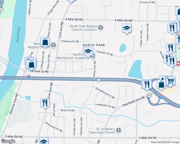 map of restaurants, bars, coffee shops, grocery stores, and more near 830 North Park Street Northeast in Grand Rapids