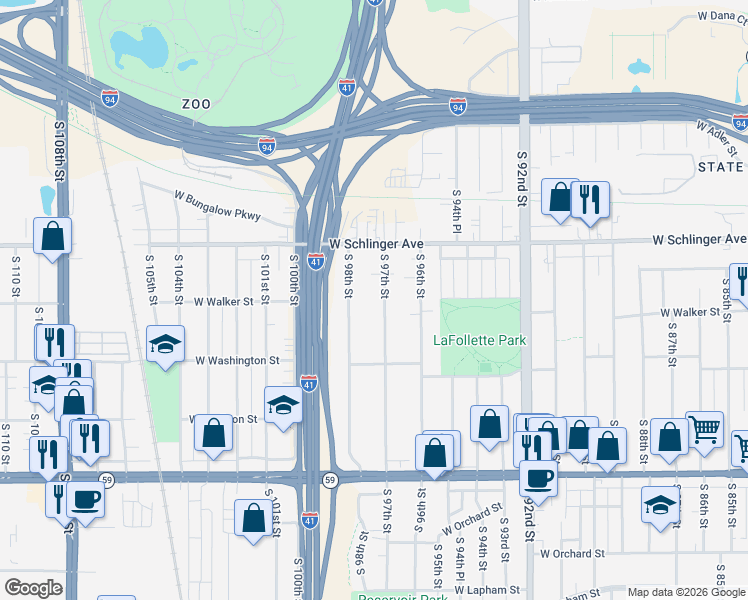 map of restaurants, bars, coffee shops, grocery stores, and more near 921 South 97th Street in West Allis