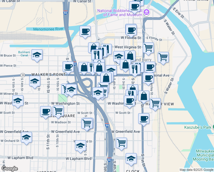 map of restaurants, bars, coffee shops, grocery stores, and more near 924 South 5th Street in Milwaukee