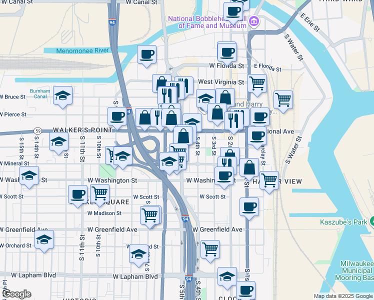 map of restaurants, bars, coffee shops, grocery stores, and more near 900 South 5th Street in Milwaukee