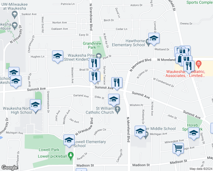 map of restaurants, bars, coffee shops, grocery stores, and more near 621 Sylvan Terrace in Waukesha