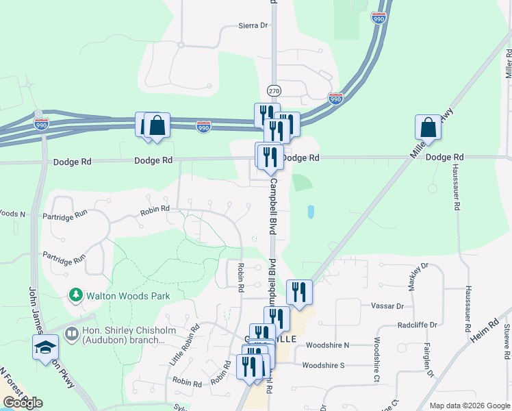 map of restaurants, bars, coffee shops, grocery stores, and more near 837 Robin Road in Buffalo