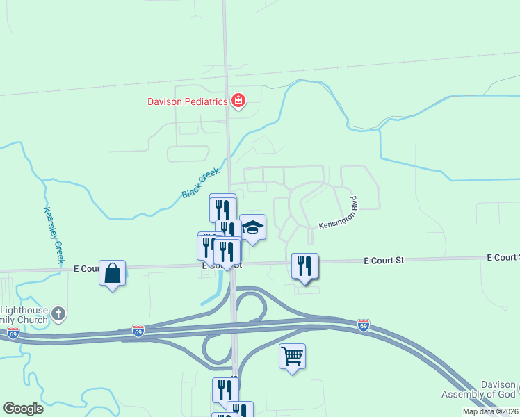 map of restaurants, bars, coffee shops, grocery stores, and more near 1084 North Irish Road in Davison