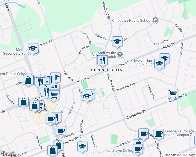 map of restaurants, bars, coffee shops, grocery stores, and more near 1447 Huron Street in London