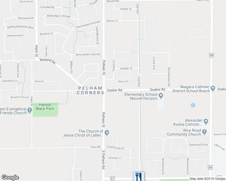 map of restaurants, bars, coffee shops, grocery stores, and more near 747 Quaker Road in Welland