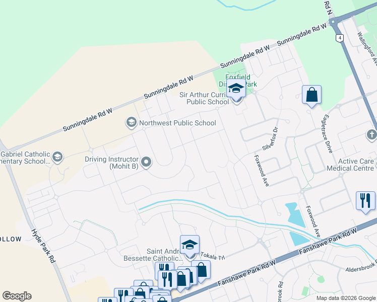 map of restaurants, bars, coffee shops, grocery stores, and more near 1496 Medway Park Drive in London